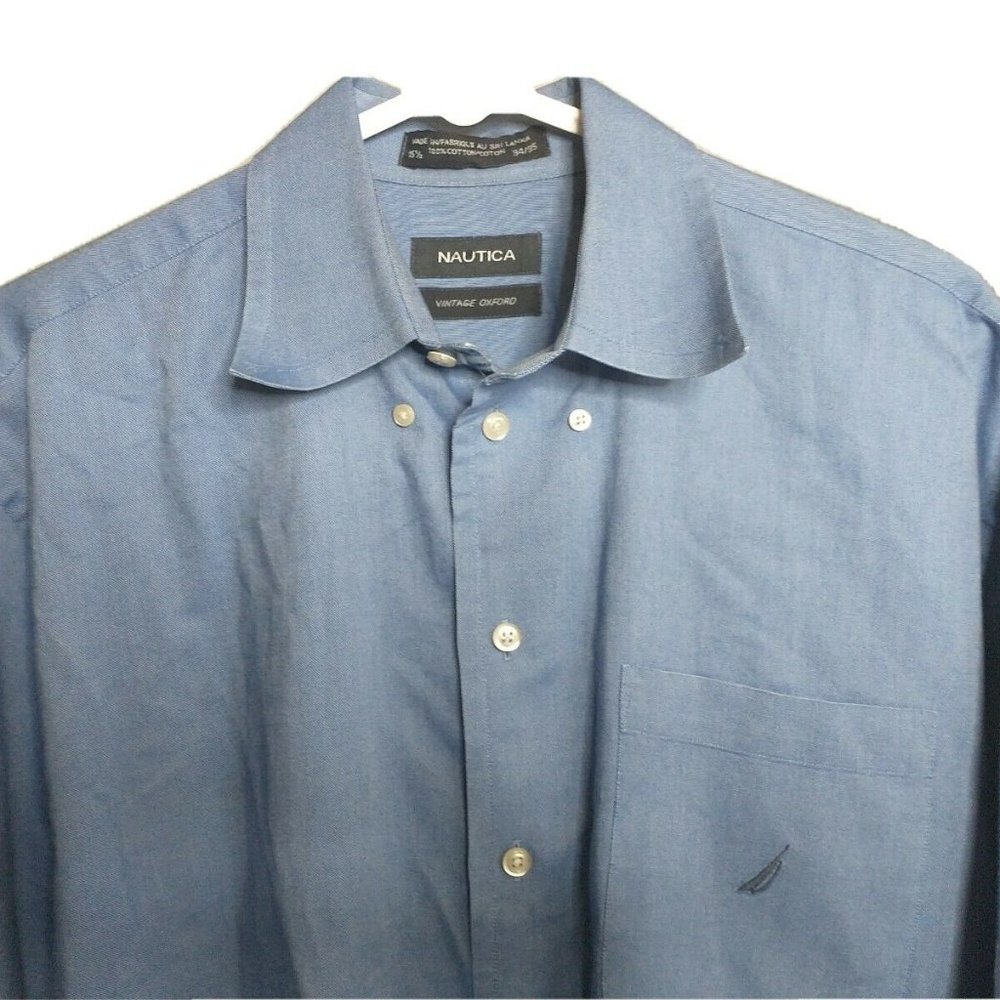 Nautica Men's Sz 15 1/2-34/35 Vintage Oxford Solid Blue Long Sleeve Button Down